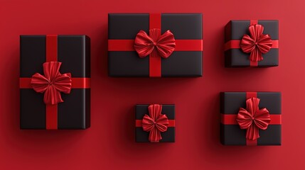 Black gift boxes with red ribbon and bows on red background