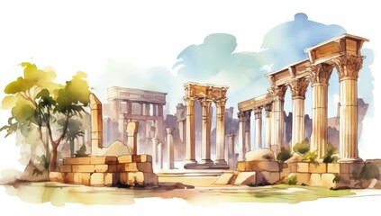 A watercolor depiction of ancient ruins featuring tall columns, stone structures, and greenery, evoking a sense of history and timelessness.