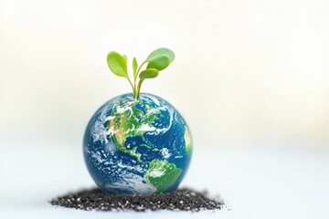 A small globe with a green plant sprouting from it, symbolizing environmental sustainability and growth.