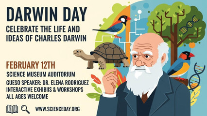 Charles Darwin illustration for Darwin Day celebration featuring evolution concepts nature and educational event details ve