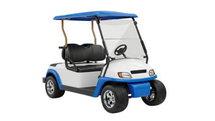 White and Blue Golf Cart on a White Background