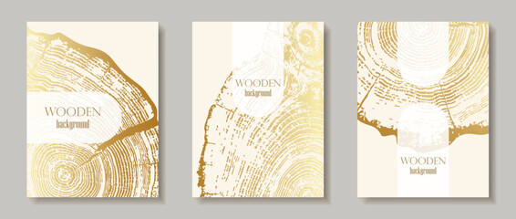 Set of templates with wooden textures backgrounds Luxury golden wood grain collection for cards banners with place for text Elegant textures featuring growth patterns with circles Vector vertical card
