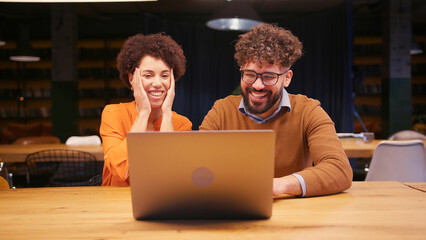 Successful professionals businessman and businesswoman having win using laptop