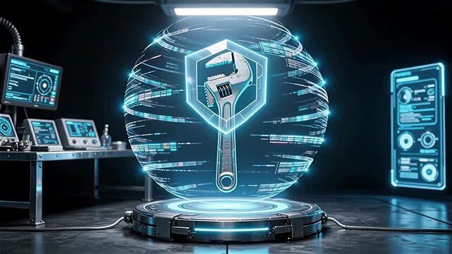 A detailed adjustable wrench is showcased in a high-tech environment with glowing blue accents and digital interfaces in the background
