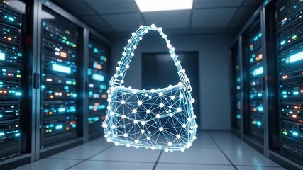 A digital representation of a handbag glowing in a high-tech server room surrounded by colorful lights - Powered by Adobe
