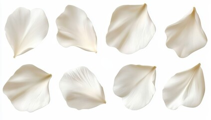 A collection of delicate white flower petals arranged artistically, showcasing their intricate textures and graceful shapes.