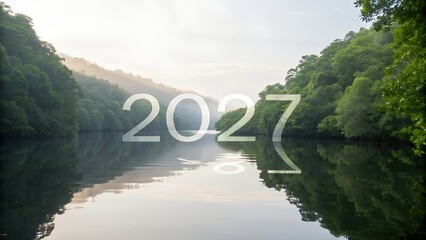 Calm river with green trees and 2027 text reflected on water