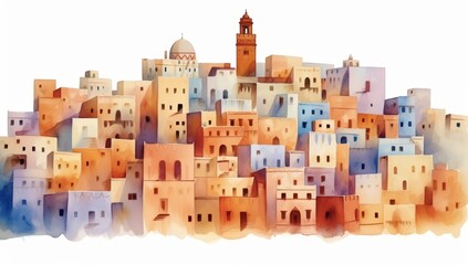 A colorful, artistic depiction of a hillside village featuring numerous buildings in soft pastel tones and varying architectural styles.