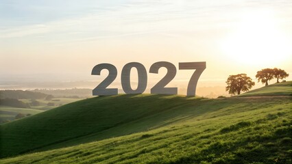 Large gray 2027 typography on green rolling hill horizon at sunrise