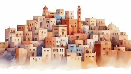 A colorful, artistic depiction of a hillside town featuring intricate buildings and a prominent clock tower.