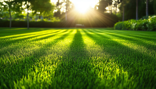 Close up photo of green lawn with striped pattern. Freshly mowed grass shines in sunlight. Texture of lush grass creates clean outdoor look