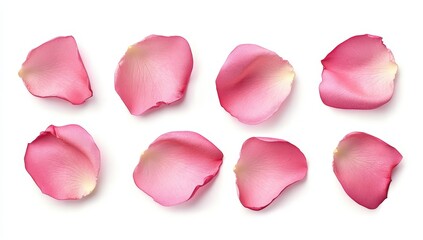 A collection of delicate pink rose petals arranged elegantly on a white background, showcasing their soft texture and vibrant color.