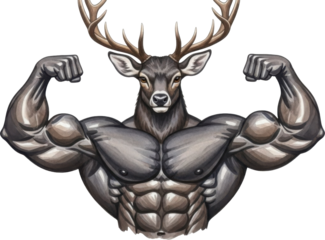Muscular deer with antlers flexing muscles isolated on transparent background