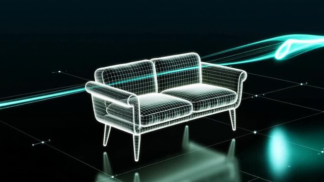 Digital representation of a modern sofa with glowing geometric patterns and dynamic light trails against a dark background