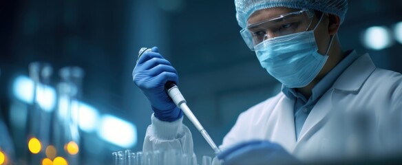 A scientist dances with a pipette amidst the orchestra of lab equipment in a modern laboratory