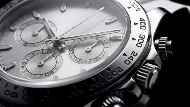 Close up of a luxury silver chronograph wristwatch on a black background, detail of the dial and tachymeter bezel for precision timing and high-end fashion concept