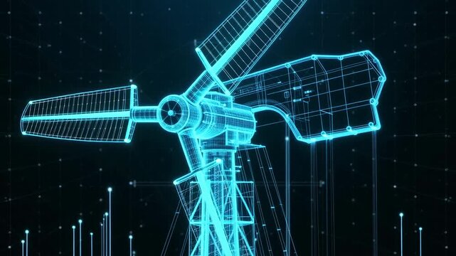 Digital representation of a wind turbine with a blue wireframe structure on a dark background, showcasing advanced technology and renewable energy concepts