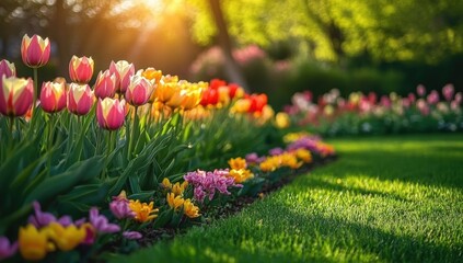 A vibrant garden filled with blooming tulips in various colors, basking in warm sunlight, creating a serene and picturesque scene.