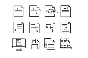 Invoice Icons Set. Invoice Templates. Line outline icon set of invoice templates: document layout, editable