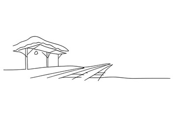 Minimalist Snowy Station. Snowy train station mood. Minimalistic one-line drawing snow-covered station canopy