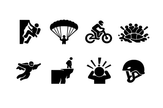 Extreme Adventure Icons. Extreme Adventure. Filled icon set of Extreme Adventure: rock climbing, skydiving