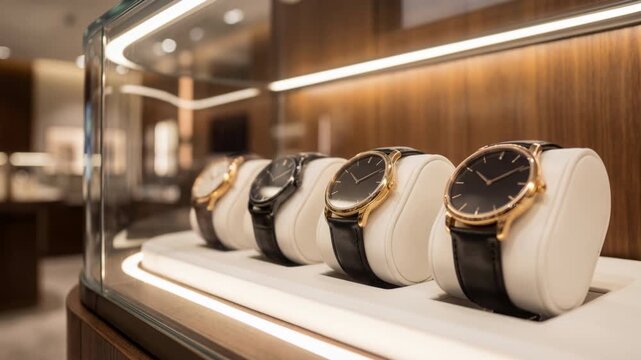 Luxury wristwatches displayed in a glass showcase of a high-end jewelry boutique, elegant timepieces for men fashion and gift concepts in a retail store