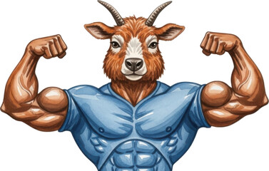 Fototapeta premium Muscular goat flexing muscles in blue shirt isolated on transparent background
