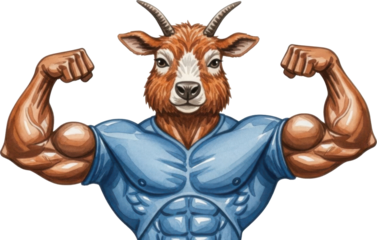 Muscular goat flexing muscles in blue shirt isolated on transparent background