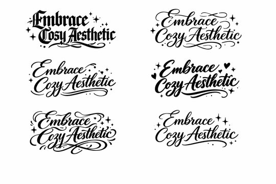 Cozy Calligraphy Grid. Embrace Cozy Aesthetic. Create a calligraphy lettering illustration of the phrase: