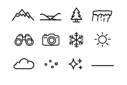 Snowy Landscape Icons. Overlook snowy landscape icons. Line outline icon set of Overlook snowy landscape icons