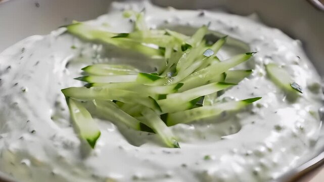 Delicious homemade tzatziki sauce with fresh cucumber slices, a Greek delight.