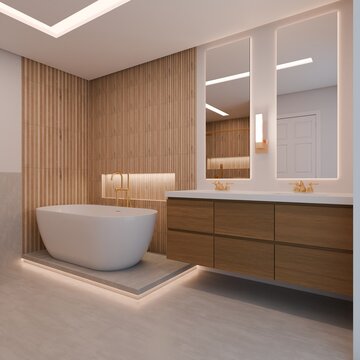 A modern bathroom design features a white bathtub on a platform, wooden slat walls, and a floating vanity with double mirrors and LED lighting, created using Blender software.