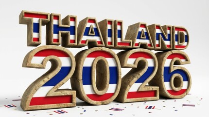 bold thailand 2026 made of 3d carved stone digits inlaid with flag colors isolated on white background bold 3d celebratory number design perfect for new year posters cards and social media templates