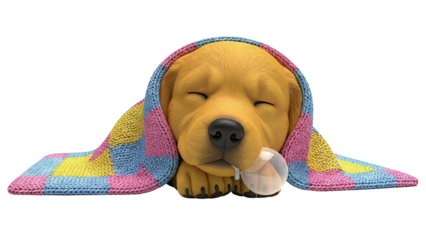 Cute puppy sleeping under a colorful blanket with a bubble
