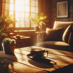 Cozy lifestyle scene with a cup of coffee on a wooden table by a sunlit window, warm tones, soft shadows, shallow depth of field, photorealistic.