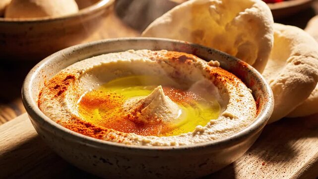 Steaming Bowl of Creamy Hummus Topped with Olive Oil and Paprika Served with Soft Pita Bread Appetizing Middle Eastern