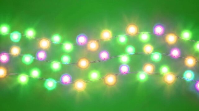 Colorful string lights on green background