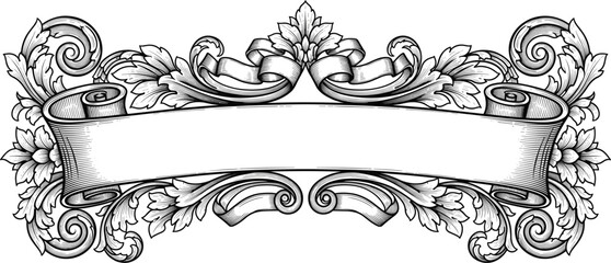 Fototapeta premium Vintage Ornamental Banner Frame with Floral Scrollwork Engraved Decorative Black and White Vector