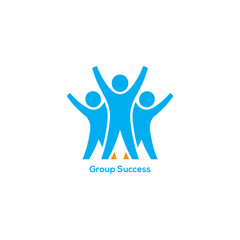 Group success icon showing three celebratory figures with raised arms representing teamwork, professional achievement, victory, and collaborative business goals.
