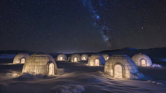 Igloos illuminated at night under the stars in a snowy landscape