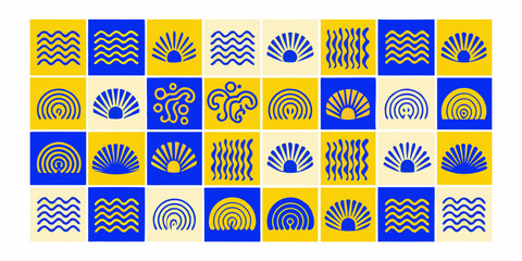 A colorful grid of abstract geometric patterns in blue and yellow hues