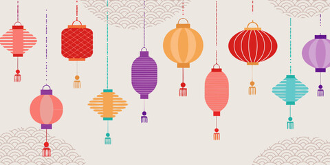 Colorful decorative lanterns hanging against a patterned background a festive illustration
