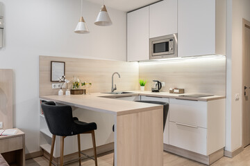 Modern Compact Kitchenette with Breakfast Bar in a Studio Apartment.  countertops in kitchen corner. vase with flowers, microwave oven, steel faucet, green potted plant, electric kettle