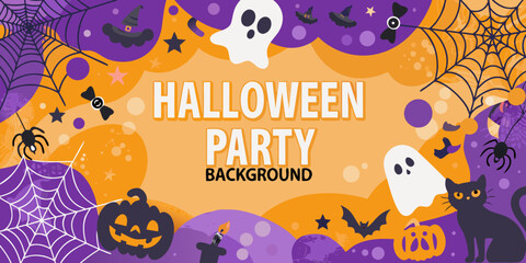 Festive halloween background with ghosts spiders pumpkins and party text