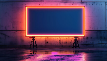 Neon billboard frames empty dark screen. Bright pink and blue light outlines rectangular display on concrete wall