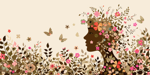 A woman s profile seamlessly blending with a vibrant floral and butterfly design