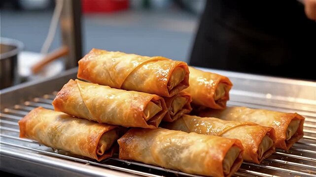 Freshly cooked spring rolls glistening with oil on a serving tray, highlighting crispy texture and delicious filling, ready to be served