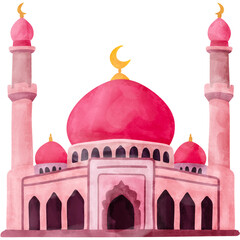 Watercolor Illustration of Pink Mosque with Crescent Moon