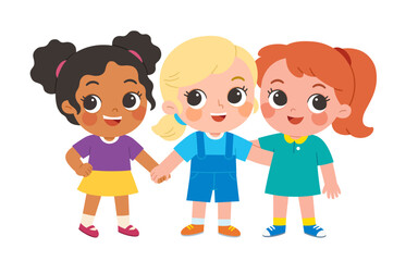 Diverse group of happy children standing together, smiling and holding hands, showing friendship, inclusion, and teamwork in a playful school community.