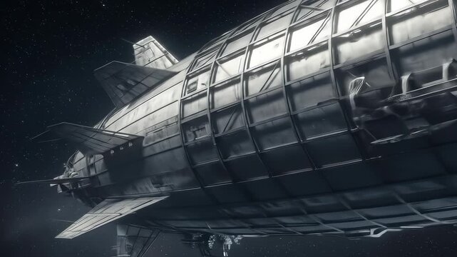 Detailed view of a zeppelin airship in the dark sky, showing its structure.